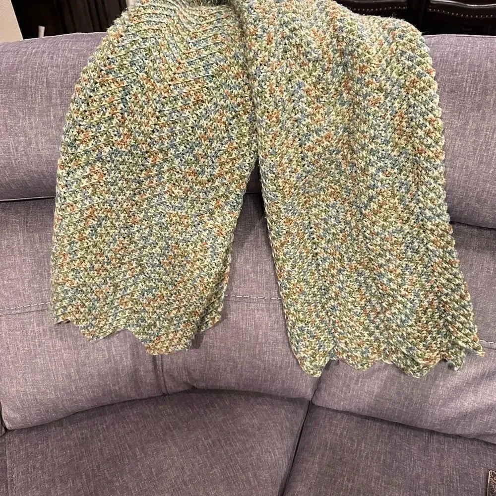 Afghan handmade Throw Blanket earth colors green tan cream  41 x 57 grannycore